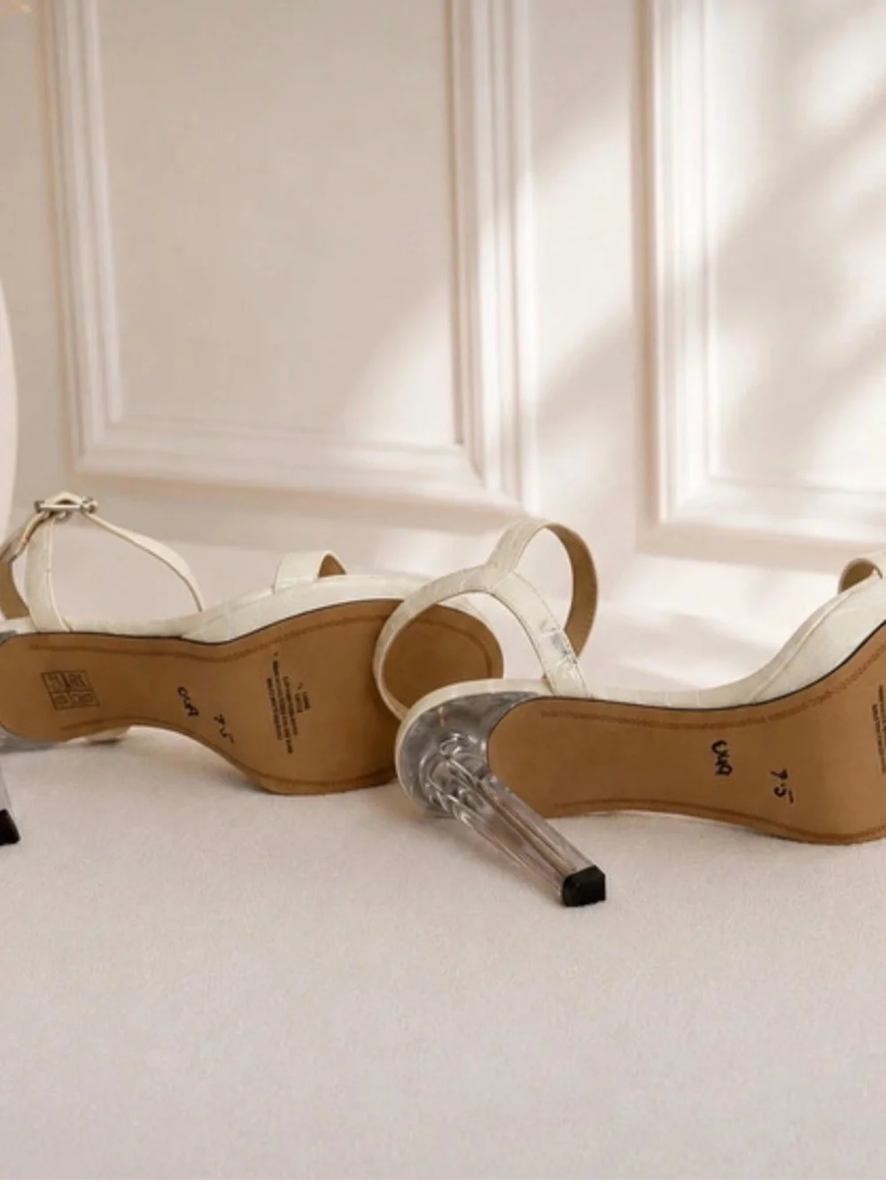Karl Lagerfeld Cream Croc-Texture Ankle Strap Heels with Clear Stiletto